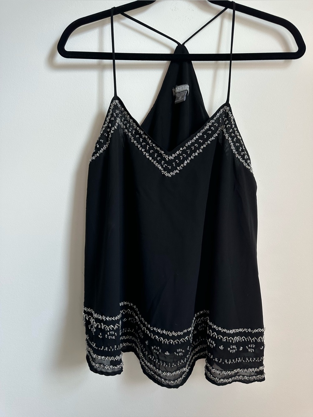 Angie Black Spaghetti Strap BeadedTank Double Lined Sheer Lightweight Festival - Picture 2 of 8